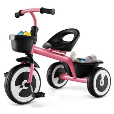 Loopfiets voor Kinderen met Verstelbare Zitting en 2 Manden 3-Wieler Loopfiets van Robuust Koolstofijzeren Frame -Roze
