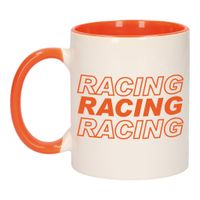 Racing racing racing vlag mok / beker oranje wit 300 ml - coureur supporter / race fan beker - thumbnail