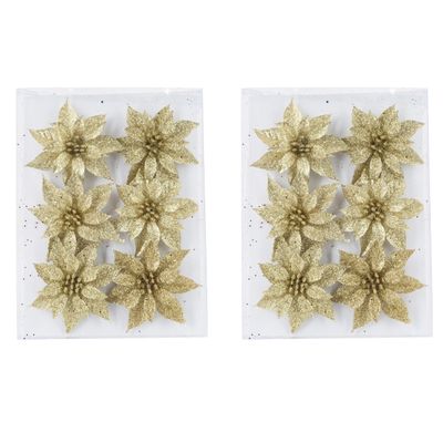 12x stuks decoratie bloemen rozen goud glitter op ijzerdraad 8 cm