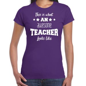 Cadeau t-shirt voor dames - awesome teacher - paars - docent/lerares schooljaar bedankje