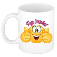 Cadeau koffie/thee mok voor tante - duim omhoog smiley - roze - 300 ml - keramiek