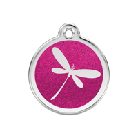 Dragonfly Hot Pink glitter hondenpenning medium/gemiddeld dia. 3 cm - Reddingo