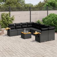 9-delige Loungeset met kussens poly rattan zwart