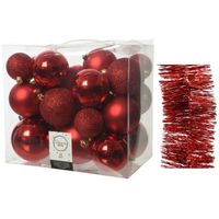 Kerstversiering kunststof kerstballen 6-8-10 cm met folieslingers pakket rood van 28x stuks