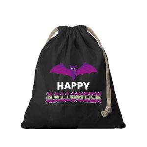 1x Vleermuis / happy halloween canvas snoep tasje/ snoepzakje zwart met koord 25 x 30 cm