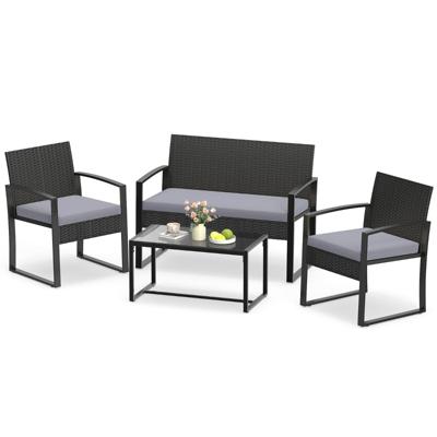 Tuinset van PE-rotan Balkonset voor 4 Personen met Glazen Tafel 2-Zitsbank en 2 Fauteuils-Grijs