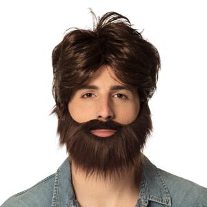 Verkleedpruik voor heren met baardje - bruin - The Hangover Dude - Carnaval - kort haar