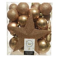 33x Camel bruine kerstballen met ster piek 5-6-8 cm kunststof mix - thumbnail