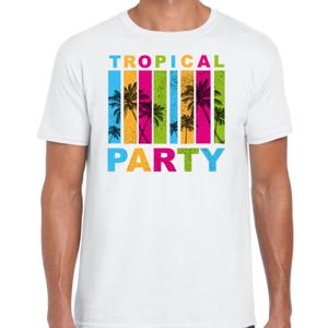 Tropical party Hawaii blouse t-shirt heren - palmbomen - wit - carnaval/themafeest