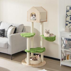 139 cm Schattige Kattenboom voor Binnenkatten met Sisal Krabpalen Springplatforms Zitstok Hangmat Kittenmeubilair Groen