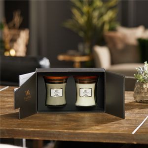 WoodWick Giftset Geurkaars Medium Fireside & Linen - 2 Stuks