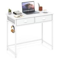 Kleine Bureau Computer Tafel met 2 Stoffen Lades 4 Haken & Metalen Frame Moderne Houten Bureau in Het Wit
