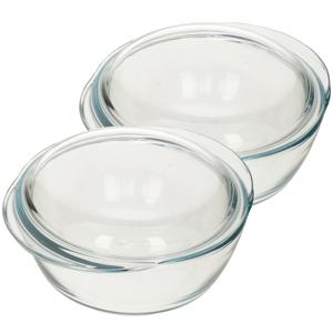 Pyrex ronde glazen ovenschaal met deksel - 2x - 2,1 liter - 22 x 13 x 5 cm - Ovenschotel schalen