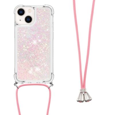 Lunso - Backcover hoes met koord - iPhone 14 - Glitter Rose Zilver
