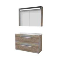 Basic-Line Premium 39 Badkamermeubelset - Ondiep - 100 x 39 cm - Met Grepen - 2 Lades - Acryl Wastafel - 1 Kraangat - Spiegelkast met LED Verlichting - Scotch Oak