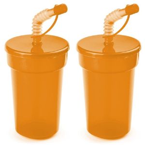 Set van 12x stuks afsluitbare plastic drinkbeker oranje 400 ml met rietje voor kinderen/peuters