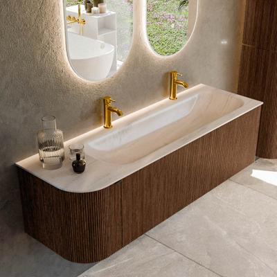Badmeubel Mondiaz Kurve-Dlux | 145 cm | Meubelkleur Walnut | Wastafelkleur Meli | Solid surface | Wasbak rechter zijde spoelbak | 2 kraangaten
