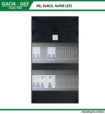 Groepenkast 63A 1 fase 4 groepen 2 aardlekschakelaars 4 groepen hoofdschakelaar 2 polig 63A