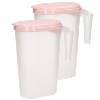 Plasticforte Waterkan - 2x stuks - Sapkan - transparant/roze - met deksel - 1.6 liter - kunststof