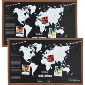 Krijtbord/memobord wereldkaart - 2x - mdf - ophangoog - 78 x 48 x 15 cm - reizen - wereldreis