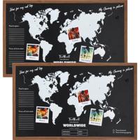 Krijtbord/memobord wereldkaart - 2x - mdf - ophangoog - 78 x 48 x 15 cm - reizen - wereldreis