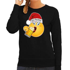 Foute Kersttrui/sweater voor dames - bier - zwart - grappig - I love christmas - emoji