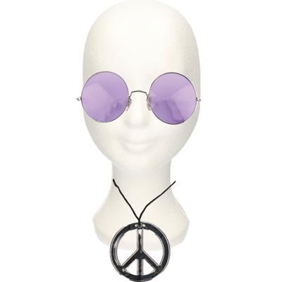 Hippie Flower Power verkleed set - peace ketting - met party bril - paars