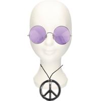 Hippie Flower Power verkleed set - peace ketting - met party bril - paars