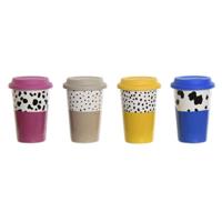 Kop met deksel DKD Home Decor Multicolour dieren Stads 400 ml (4 Stuks)