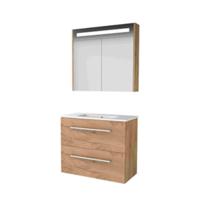 Basic-Line Premium 39 Badkamermeubelset - Ondiep - 80 x 39 cm - Met Grepen - 2 Lades - Keramische Wastafel - 1 Kraangat - Spiegelkast met LED Verlichting - Whisky Oak