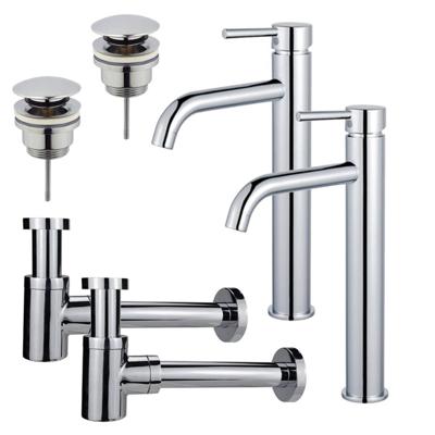 Fortifura Calvi Wastafelkraanset - voor dubbele wastafel - verhoogde wastafelkraan - klikwaste plug - verlaagde design sifon - Chroom 2x SW377811/2x SW696203/2x SW696219