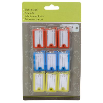 9x stuks gekleurde sleutellabels rood, blauw en geel