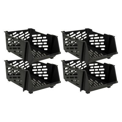 Stapelbare opbergmand - 4x - Zwart - 29 liter - kunststof - 44 x 34 x 20 cm Stapelbare opbergmand - 4x - Zwart - 29 liter - kunststof - 44 x 34 x 20 cm