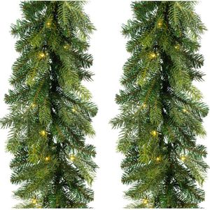 Set van 2x stuks kerst dennenslinger guirlandes groen met verlichting 20 x 270 cm twinkelend