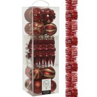 Decoris 30x stuks kunststof kerstballen en ornamenten met slinger rood - Kerstbal - thumbnail