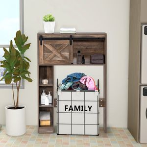 Toiletkast met Schuifdeur Toiletrek Hout Badkamerrek Badkamerorganizer Vrijstaand Bovenbouwkast Wasmachinerek (Bruin)