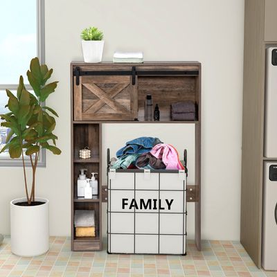 Toiletkast met Schuifdeur Toiletrek Hout Badkamerrek Badkamerorganizer Vrijstaand Bovenbouwkast Wasmachinerek (Bruin)