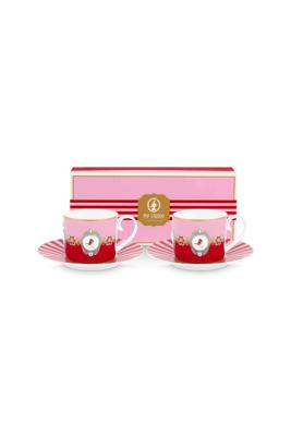Pip Studio Set/2 Kop & Schotel Love Birds Medallion Rood-Roze