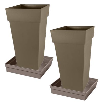 Set van 2x stuks bloempotten Toscane vierkant kunststof taupe 43 x 43 x 80 cm inclusief onderschalen