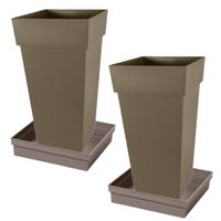 Set van 2x stuks bloempotten Toscane vierkant kunststof taupe 43 x 43 x 80 cm inclusief onderschalen