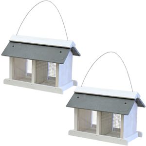 2x stuks vogelhuisje/voedersilo met twee vakken wit hout/leisteen 31 cm