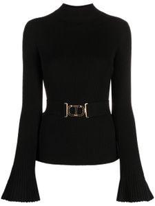 TWINSET haut en maille nervurée Oval T à taille ceinturée - Noir