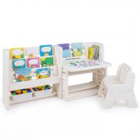 Kinderbureau- en Stoelset Kindertafel met Boekenplanken en Opbergmanden Kantelbaar Tafelblad en Afveegbaar Whiteboard