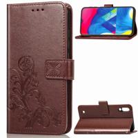 Lucky Clover ingedrukt bloemen patroon lederen draagtas voor Galaxy M10 met houder & kaartsleuven & portemonnee & hand strap (bruin)