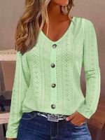 Buttoned Plain Casual Eyelet Embroidery Shirt - thumbnail