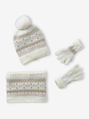 Jacquard babyset muts + snood + wanten/handschoenen voor meisjes ecru