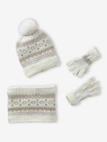 Jacquard babyset muts + snood + wanten/handschoenen voor meisjes ecru