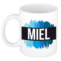 Naam cadeau mok / beker Miel met blauwe verfstrepen 300 ml