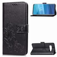 Lucky Clover bloemen patroon leergeval aangedrongen Galaxy S10e met houder & kaartsleuven & portemonnee & Hand Strap (zwart)