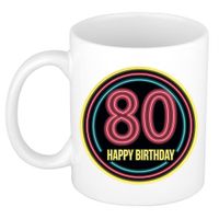 Verjaardag mok / beker - happy birthday 80 jaar - neon - 300 ml - verjaardagscadeau - thumbnail